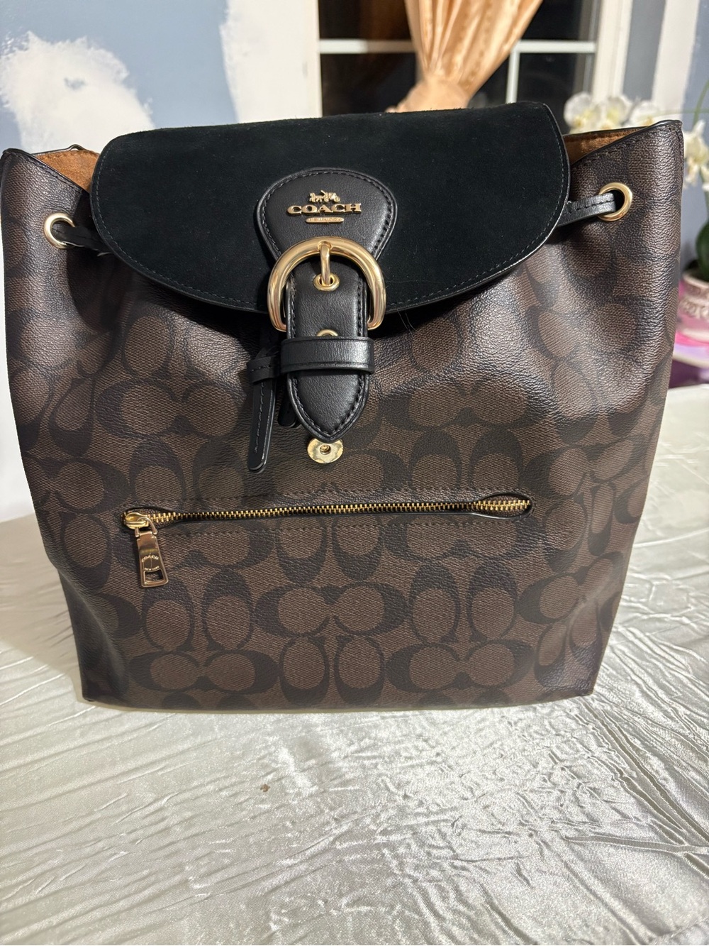 Coach Brown Signature Canvas Backpack with Black Suede Flap